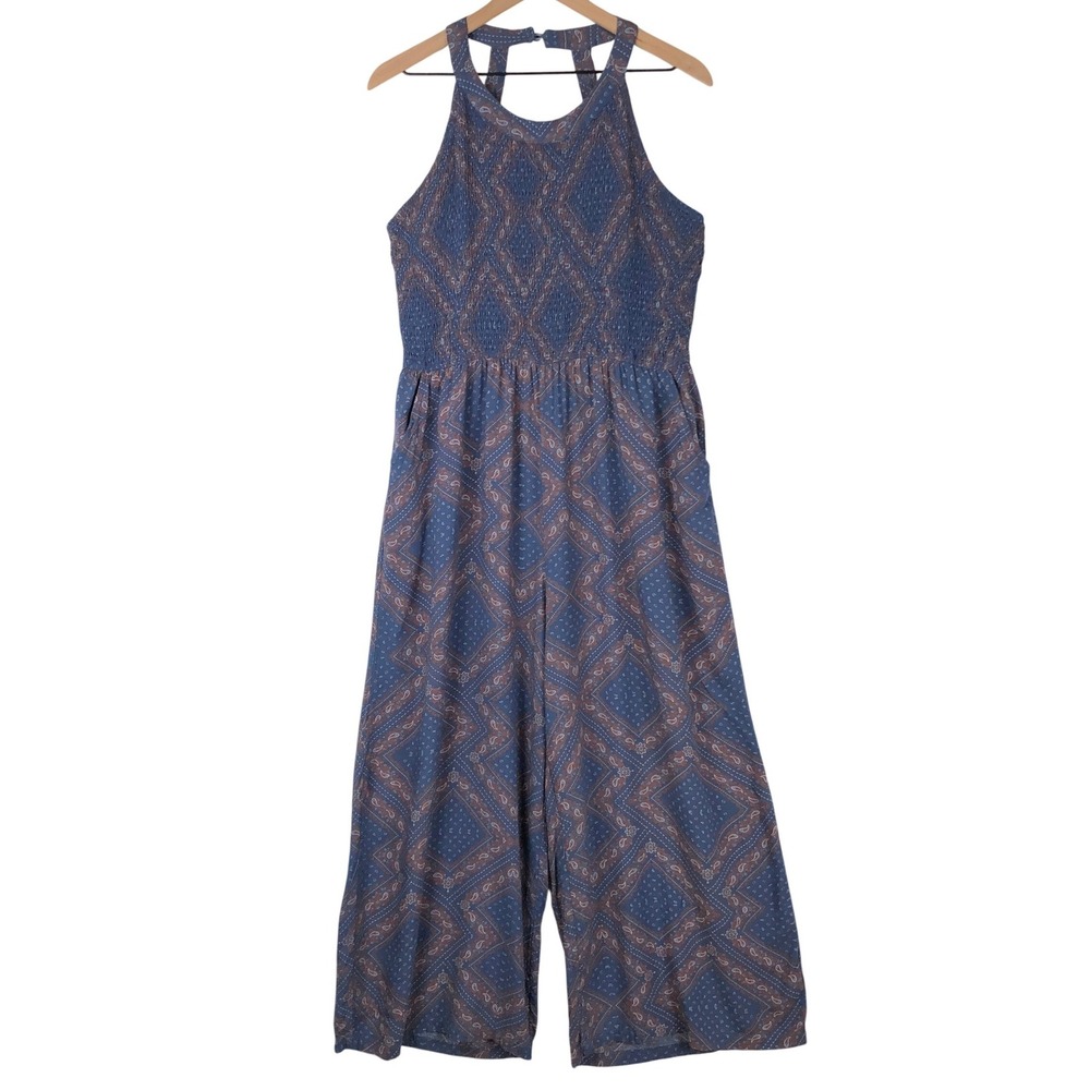 COTTON & RYE OUTFITTERS Paisley Smocked Wide Leg Halter Jumpsuit Sz L Blue Boho
